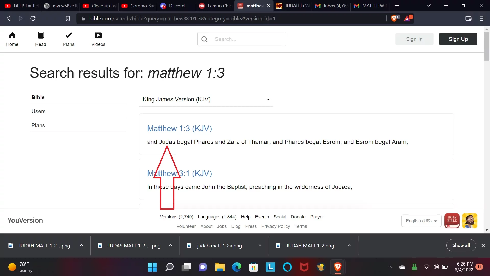 Matthew 1:3 now says JUDAS on Bible.com in 2022