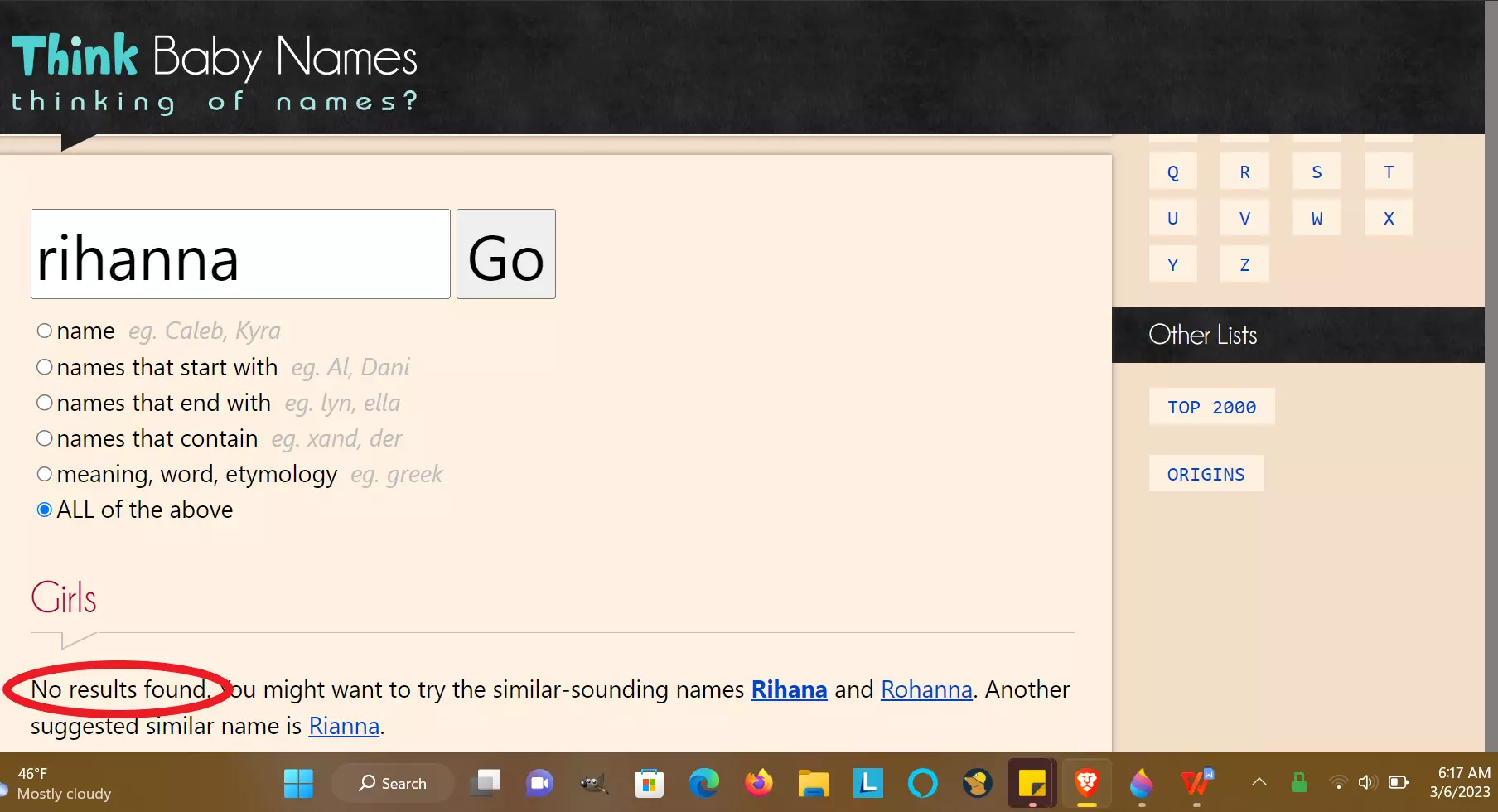 Image shows Rhianna spelled with RH at the beginningon baby names website