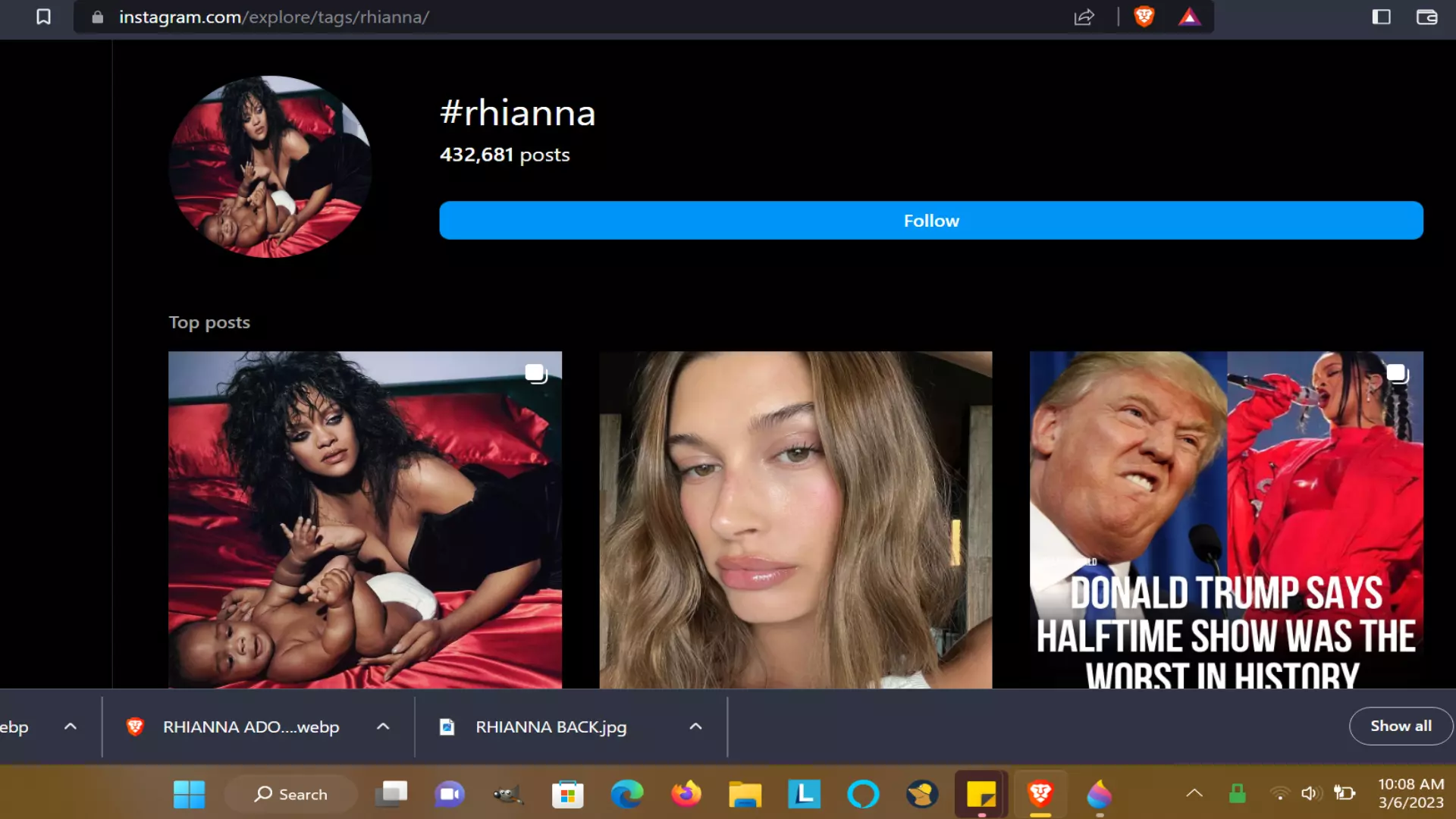 Instagram Image shows Rhianna spelled with RH at the beginning