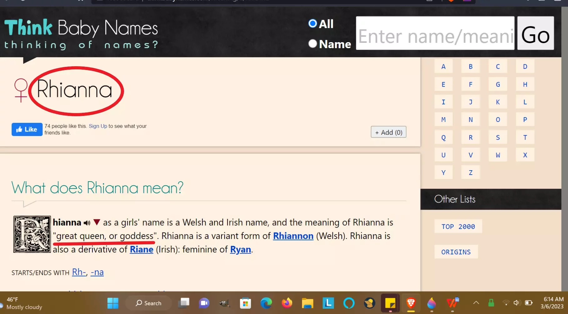 Image shows Rhianna spelled with RH at the beginning