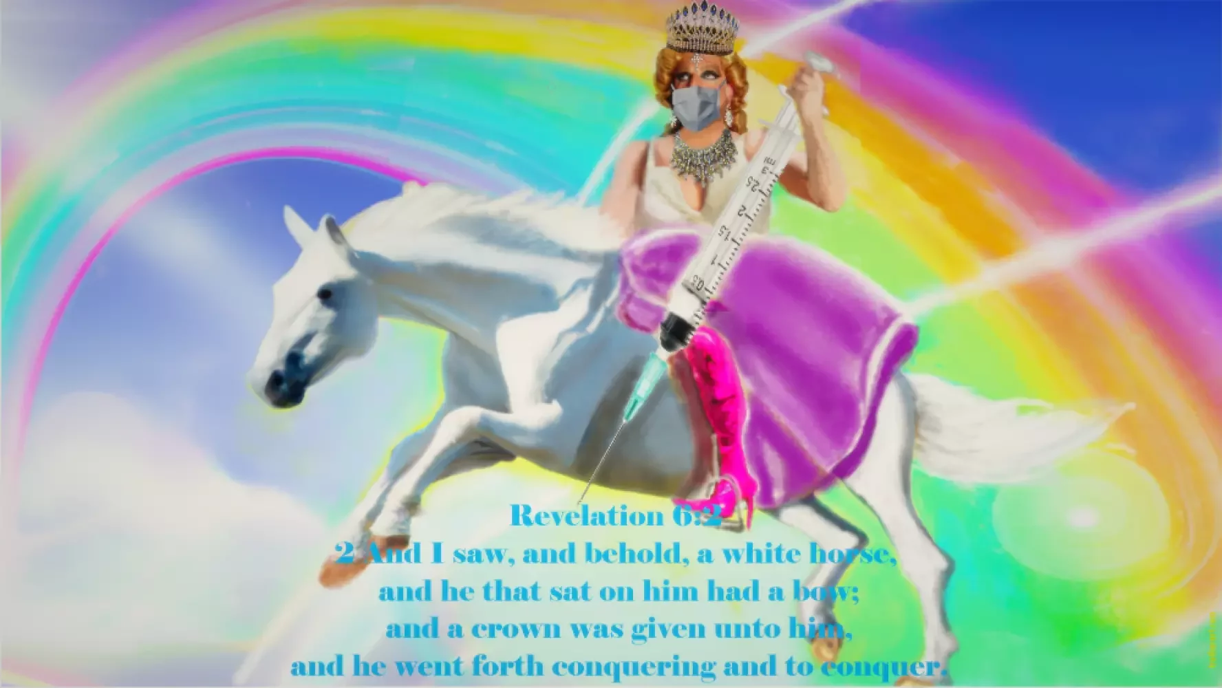 DRAG QUEEN SITTING ON THE WHITE HORSE OF REVELATION IN THE BIBLE CARRYING A LARGE SYRINGE