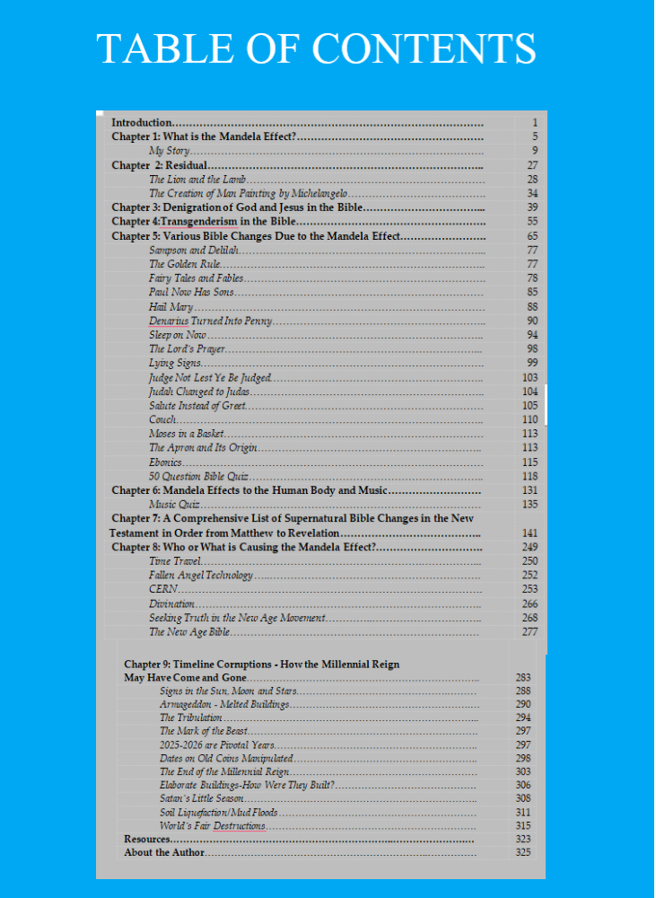 TABLE OF CONTENTS MANDELA EFFECT DILEMNA IN THE BIBLE BOOK