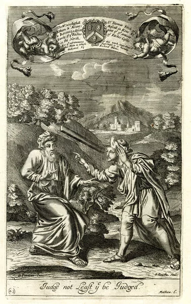CIRCA 1688-JUDGE NOT LEAST YE BE JUDGED WRITTEN AT BOTTOM OF PAINTING